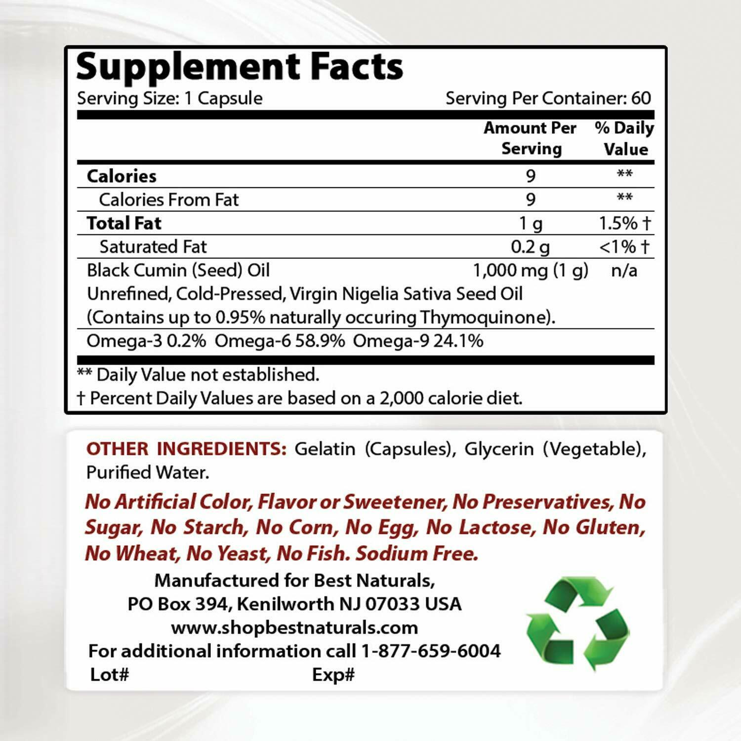 Black Seed Oil Capsules 1000 mg Non-GMO) Nigella Sativa 60 Capsules