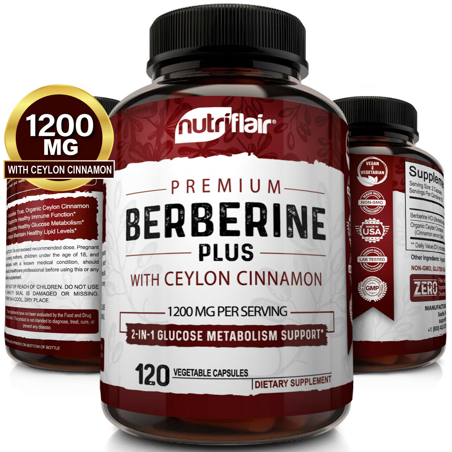 Premium Berberine Hcl Pills 1200mg Plus Organic Ceylon Cinnamon - 120 Capsules