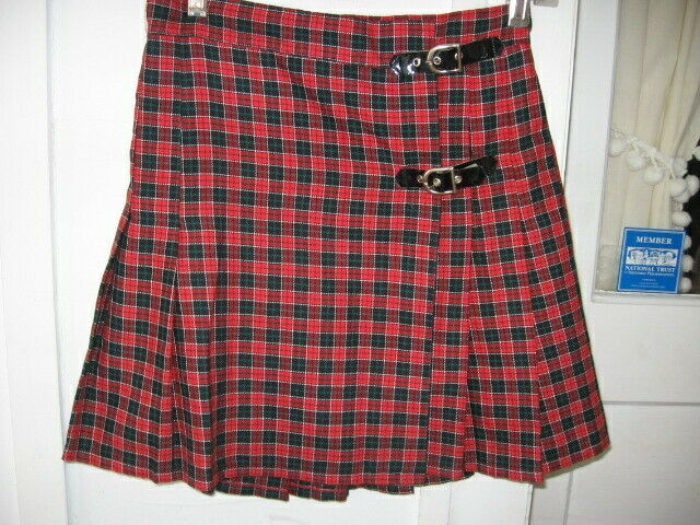 Vintage Rachel's Kid Red Black Plaid Pleated Buckled Wrap Skirt - 14