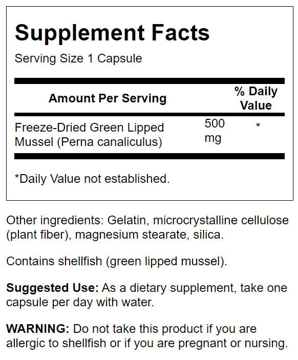 Swanson Green Lipped Mussel Capsules, 500 mg, 60 Count.