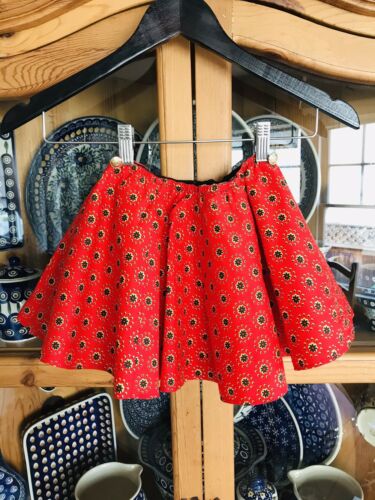 Vintage Handmade Circle Skirt Girls German Style Red Flowers Lined 5/6/7 Yrs