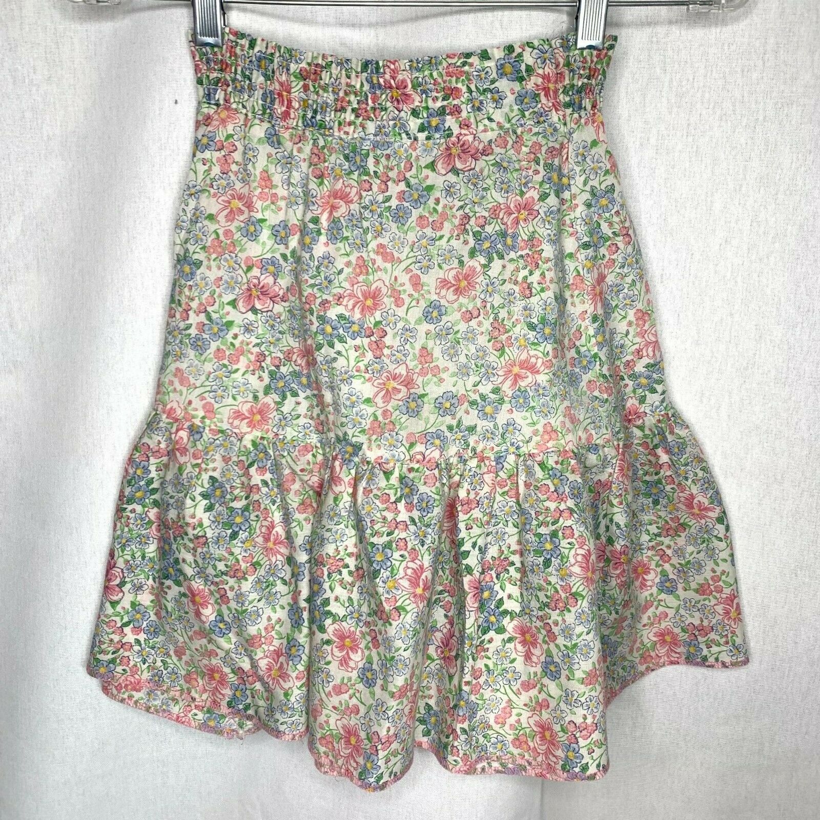 Vintage 70s Floral Smocked Waist Cottagecore Prairie Skirt Size 5t Pink Blue