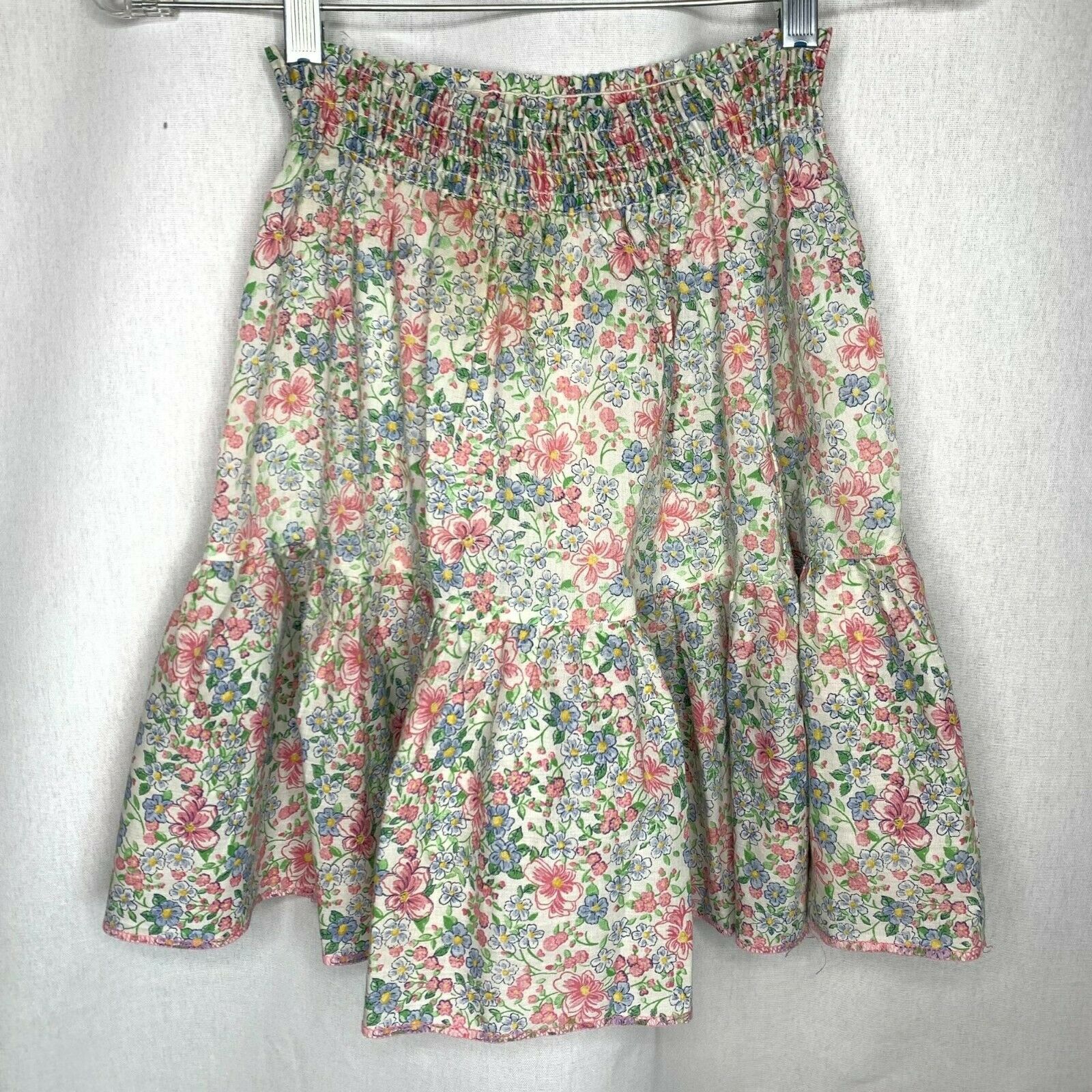 Vintage 70s Floral Smocked Waist Cottagecore Prairie Skirt Size 5T Pink Blue