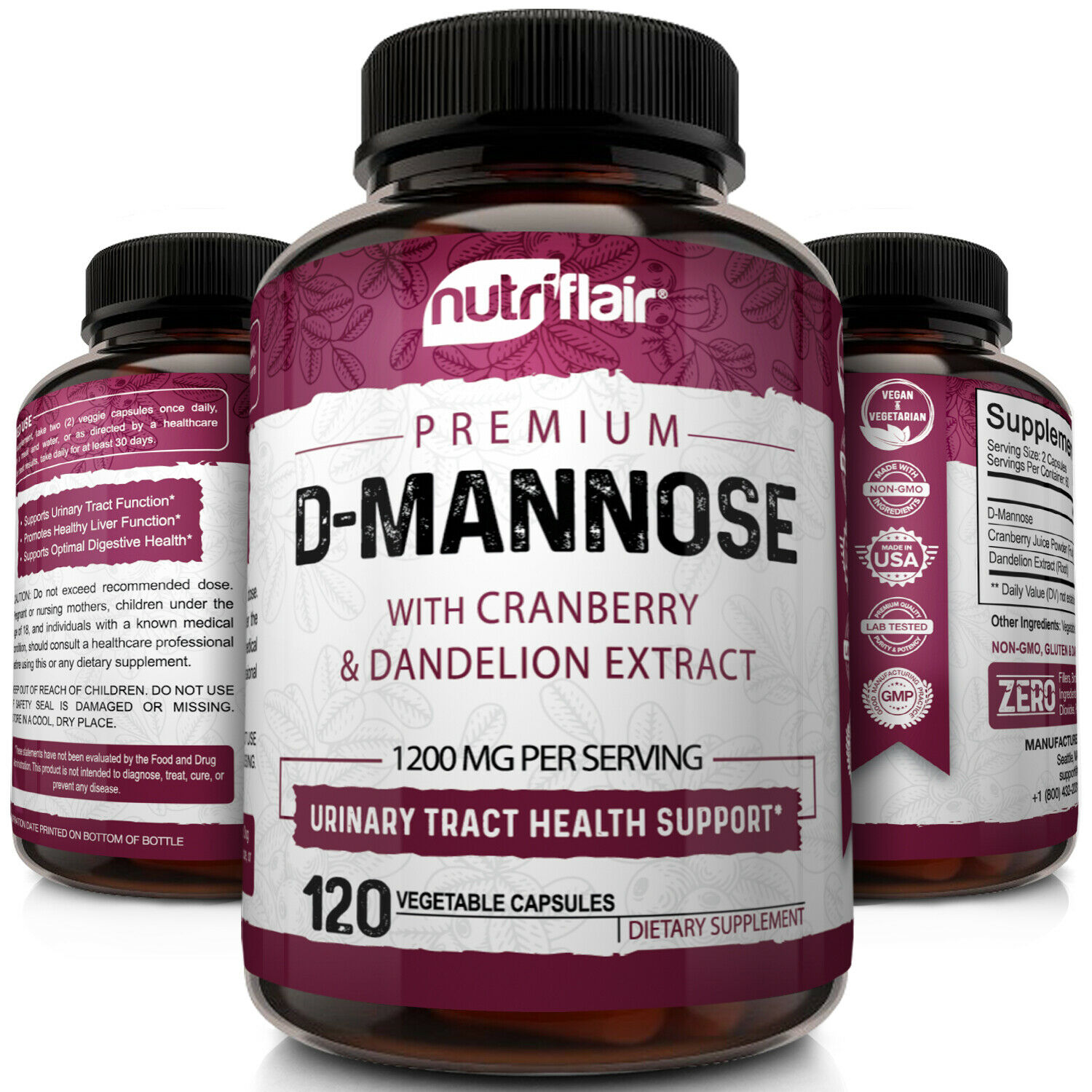 D-mannose 1200mg, 120 Capsules With Cranberry & Dandelion Extract - Uti Support