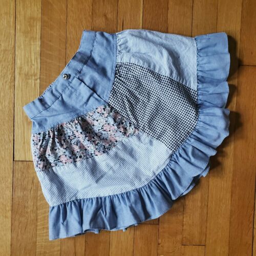 Vintage Girl's 90s Jean Floral Check Checkered Chambray Patchwork Mini Skirt