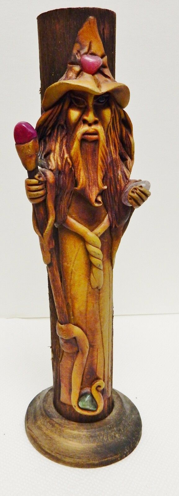 Vintage Wood Wizard Pipe Flute Sorcerer Hand Crafted Gem Stones W Stand 10.25"