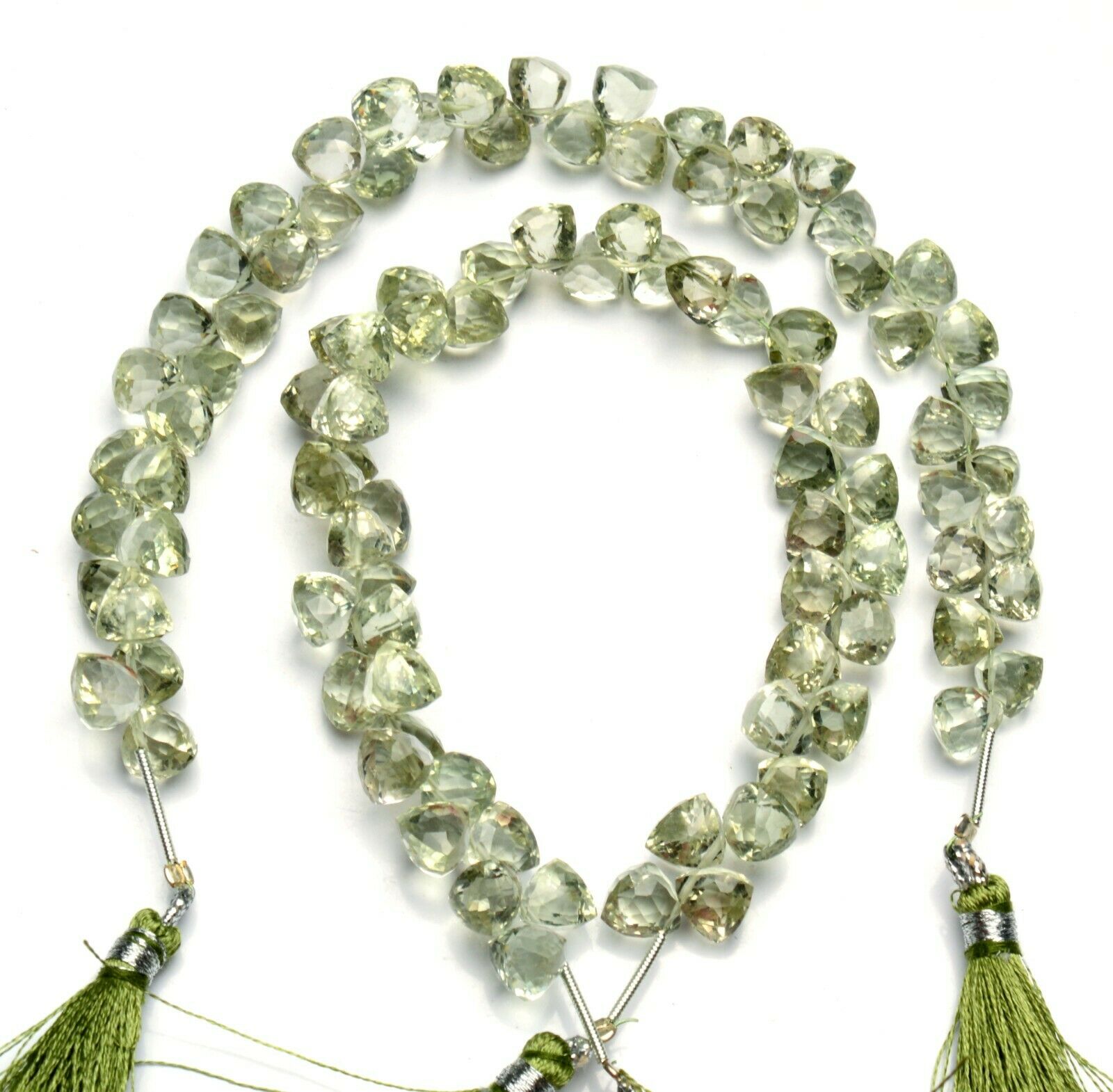 Natural Gem Green Amethyst Prasiolite 7.5mm Size Faceted 3D Trillion Beads 9"