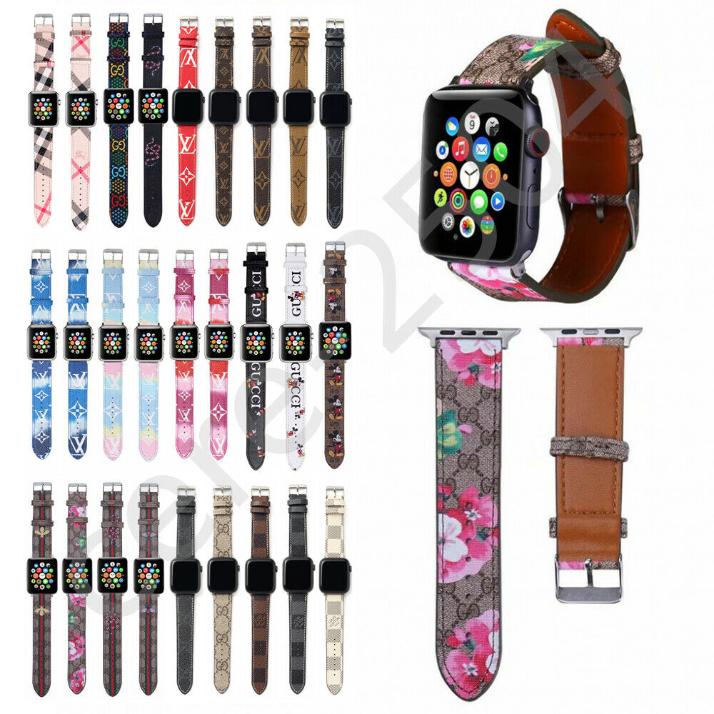 Floral Pattern Stripe Strap Replacement Leather Watch Band Sport For Apple Watch