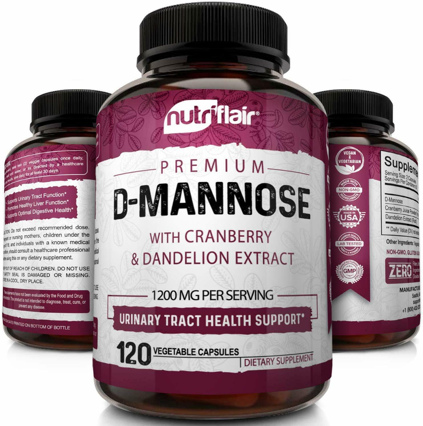 D-Mannose 1200mg, 120 Capsules with Cranberry & Dandelion Extract - UTI Support
