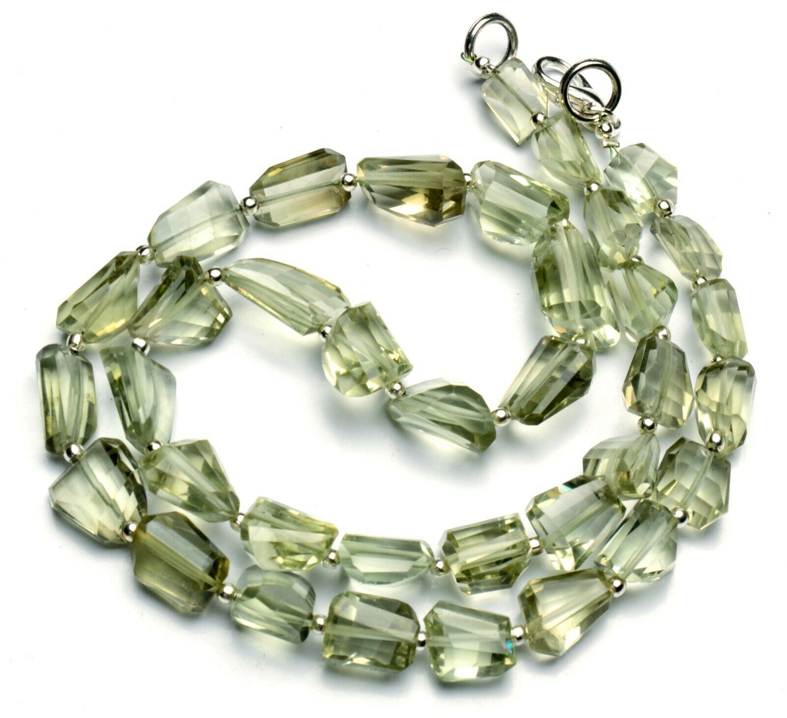 Natural Gem Green Amethyst Prasiolite Faceted Nugget Beads Necklace 18" 180cts.