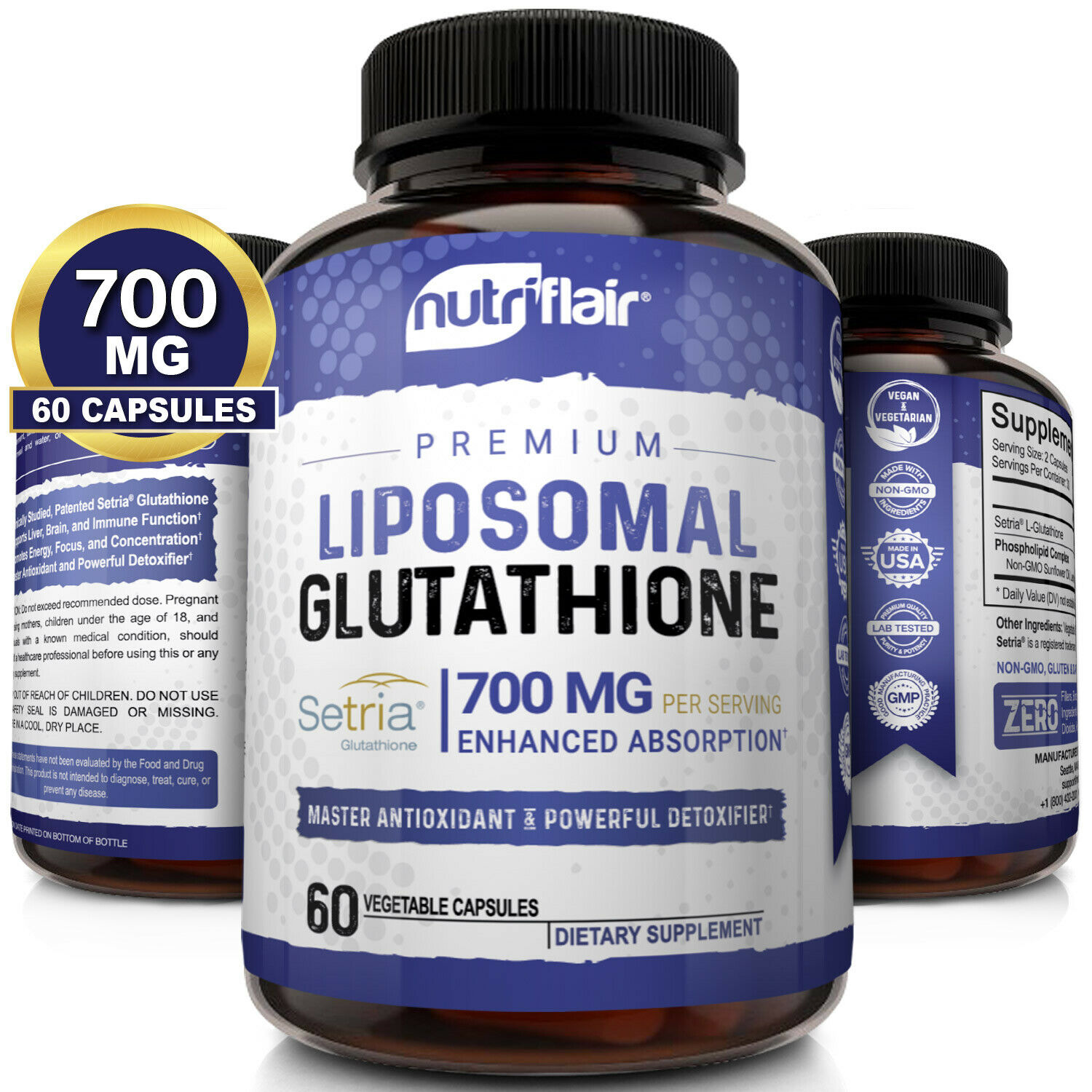 Nutriflair Setria Liposomal Glutathione 700mg - Pure Reduced L-glutathione Detox