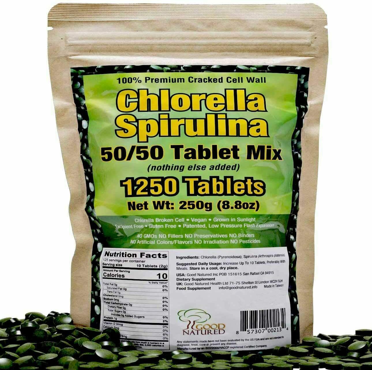 Chlorella Spirulina Tablets 1250 Tablets (200mg/tablet) Non Gmo 4 Months Supply