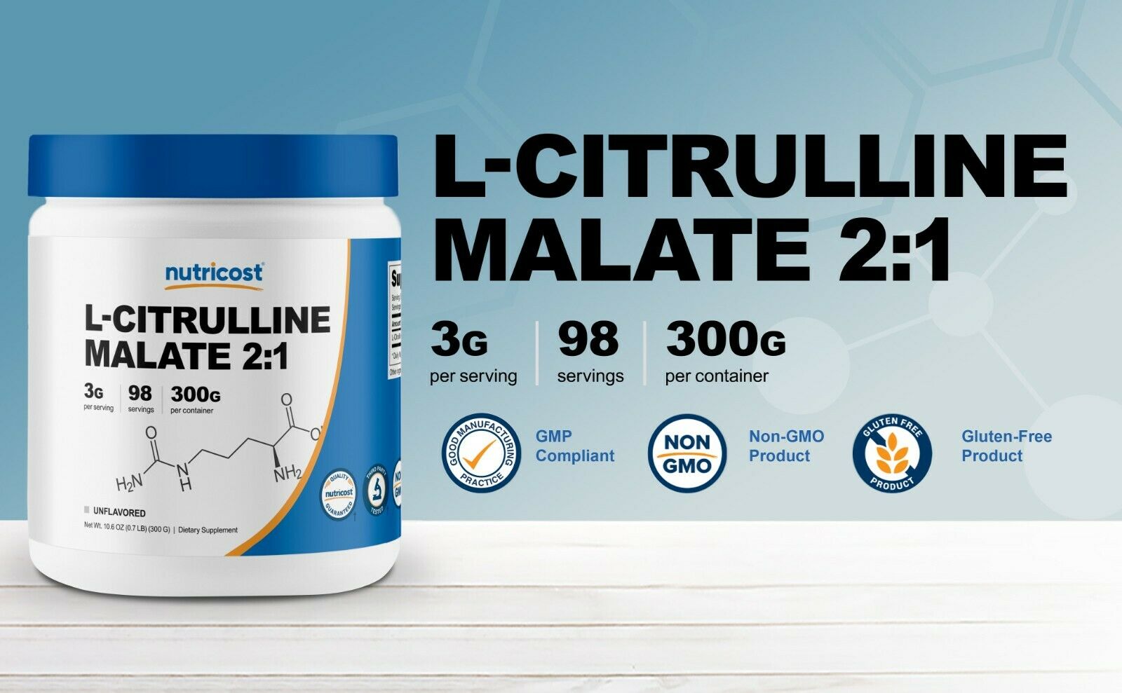 Pure L-Citrulline Malate (2:1) by Nutricost - 300 Grams, 100 Serv
